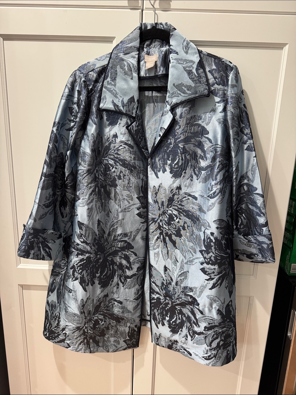 Chico's Light Blue and Black Floral Jacquard Coat